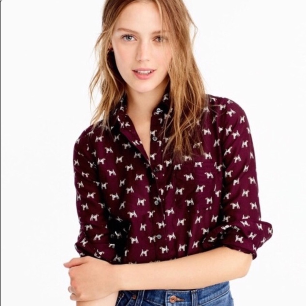 J Crew Popover Terrier Dog Print Maroon Top Sz 14